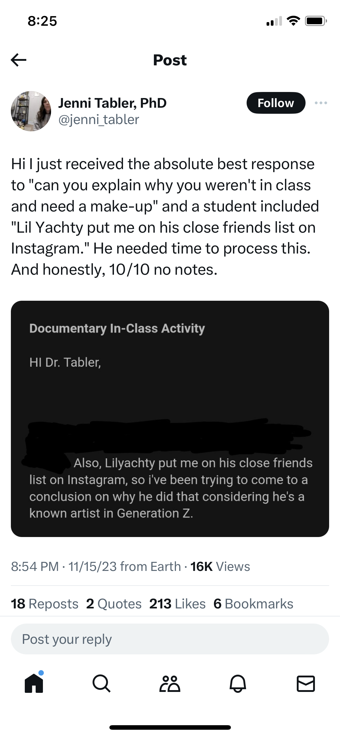 Professor's tweet about student using Lil Yachty Close Friends as excuse